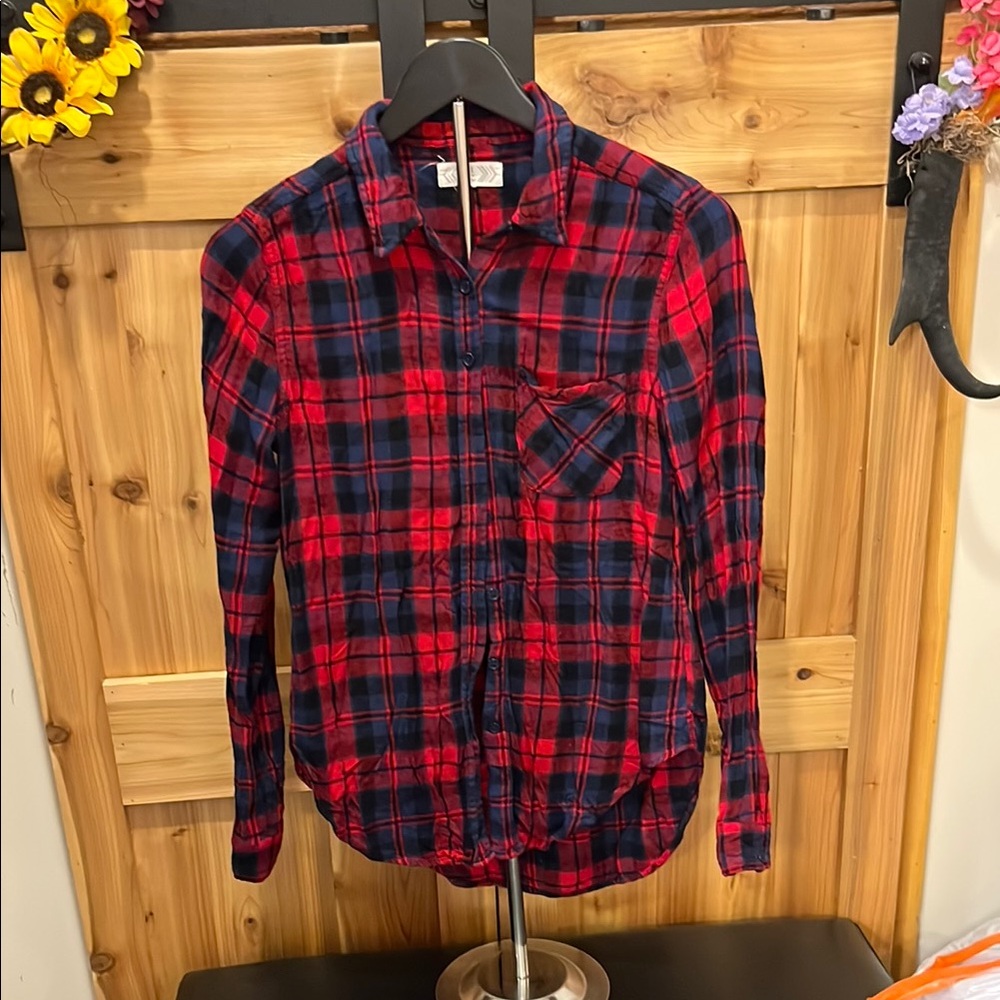 Pink Rose Red and Blue Plaid Button Down Shirt